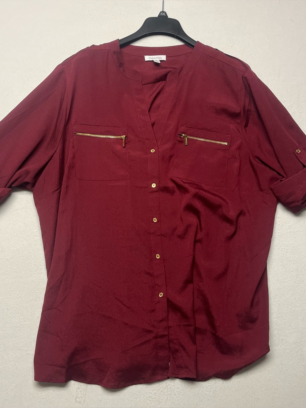 Women’s Calvin Klein zip pocket button-up utility blouse holiday red,  gold